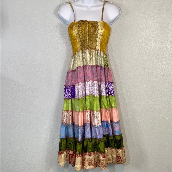 Sans Souci 100% Silk Boho Tiered Twirling Sundress - Picture 2 of 9